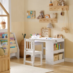 Sobuy Kmb60-W, Kids Desk And Chair Set Kids Study Table And Chair Set With 2 Storage Shelves And Paper Roll Holder,white - thumbnail 2