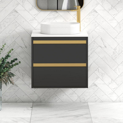 Royal Bathrooms Orion 600mm Matt Obsidian Black Wall Hung Plain White Countertop Vanity Unit 2 Drawer With Lyon Basin & Brushed Brass Accent Trim - image 1