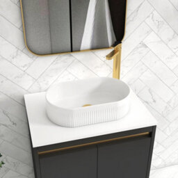 Royal Bathrooms Orion 600mm Matt Obsidian Black Wall Hung Plain White Countertop Vanity Unit 2 Drawer With Lyon Basin & Brushed Brass Accent Trim - thumbnail 5