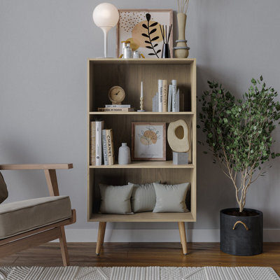 Urbn-Living Urbnliving 90Cm Height Wide Oak 3 Tier Bookcase Storage Cabinet Scandinavian Style Beech Legs - image 1