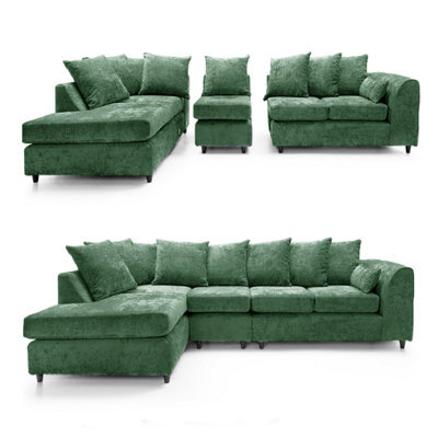 Furnishings For Less UK Monaco Chenille Fabric 5 Seater L Shaped Corner Sofa  Green Left Hand Facing