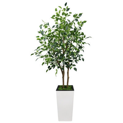 London Boutique Artificial Ficus Tree With Tall Planter, 150 Cm Faux Indoor Plant, Uv Resistant Silk Leaves, White Pot Decor - image 1