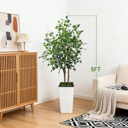 London Boutique Artificial Ficus Tree With Tall Planter, 150 Cm Faux Indoor Plant, Uv Resistant Silk Leaves, White Pot Decor - thumbnail 2