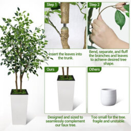 London Boutique Artificial Ficus Tree With Tall Planter, 150 Cm Faux Indoor Plant, Uv Resistant Silk Leaves, White Pot Decor - thumbnail 3