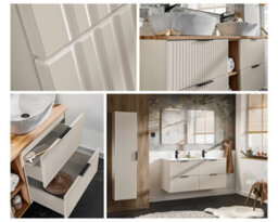 Impact Furniture Bathroom Countertop Vanity Sink Unit Fluted Wall Cabinet With Drawers Beige Cashmere 600mm Oak Worktop Adel - thumbnail 7