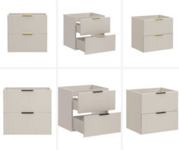 Impact Furniture Bathroom Countertop Vanity Sink Unit Fluted Wall Cabinet With Drawers Beige Cashmere 600mm Oak Worktop Adel - thumbnail 5