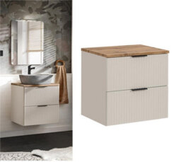 Impact Furniture Bathroom Countertop Vanity Sink Unit Fluted Wall Cabinet With Drawers Beige Cashmere 600mm Oak Worktop Adel
