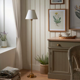 Luminosa Lighting Luminosa Burley Rechargeable Brushed Aged Brass Plate Floor Lamp With Vintage White Fabric Ivy Shade 25Cm Integrated Led - thumbnail 3