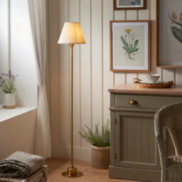 Luminosa Lighting Luminosa Burley Rechargeable Brushed Aged Brass Plate Floor Lamp With Vintage White Fabric Ivy Shade 25Cm Integrated Led - thumbnail 2