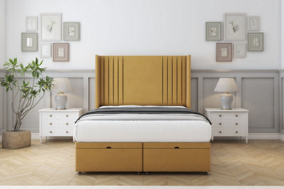 "Comfort Elise Mustard Plush Ottoman Bed Base With 54"" Wingback Headboard 2'6 Small Single" - image 1