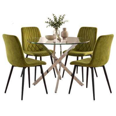 Oira Homes Round Glass Dining Table Set With 4 Olive Green Velvet Diamond Chairs 4 Seater Dining Room Set - image 1