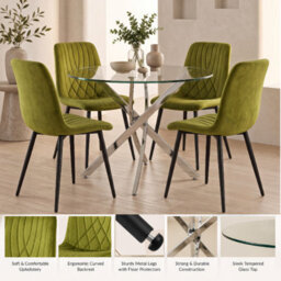 Oira Homes Round Glass Dining Table Set With 4 Olive Green Velvet Diamond Chairs 4 Seater Dining Room Set - thumbnail 4