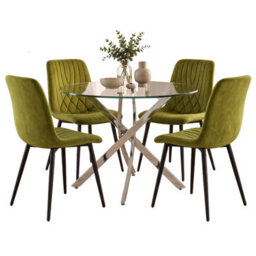 Oira Homes Round Glass Dining Table Set With 4 Olive Green Velvet Diamond Chairs 4 Seater Dining Room Set - thumbnail 1