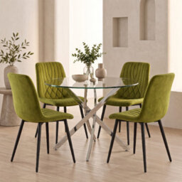 Oira Homes Round Glass Dining Table Set With 4 Olive Green Velvet Diamond Chairs 4 Seater Dining Room Set - thumbnail 2