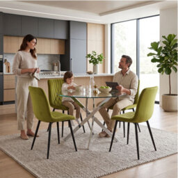 Oira Homes Round Glass Dining Table Set With 4 Olive Green Velvet Diamond Chairs 4 Seater Dining Room Set - thumbnail 7