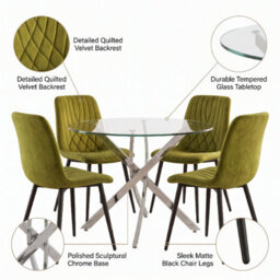 Oira Homes Round Glass Dining Table Set With 4 Olive Green Velvet Diamond Chairs 4 Seater Dining Room Set - thumbnail 3