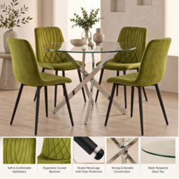 Oira Homes Round Glass Dining Table Set With 4 Olive Green Velvet Diamond Chairs 4 Seater Dining Room Set - thumbnail 8