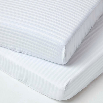 Homescapes White Cotton Stripe Cot Bed Fitted Sheets 330 Thread Count, 2 Pack - image 1