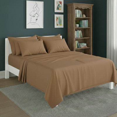 Plain Poly Cotton Easy Care Fitted Flat Sheet Matching Pillowcases Set Beige - image 1