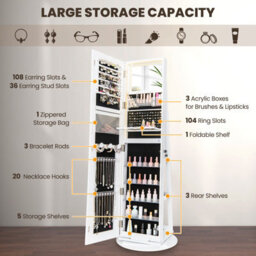 Costway 360 Swivel Jewelry Cabinet Lockable Jewelry Makeup Armoire W/ Led Lights - thumbnail 5