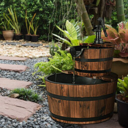 Costway Garden Wooden Barrel Fountain 2 Floors Water Feature W/pump - thumbnail 3