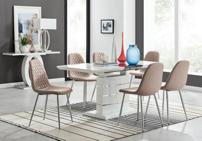 Furniturebox Uk Renato 120Cm High Gloss Extending Dining Table And 6 Cappuccino Corona Silver Leg Chairs - image 1