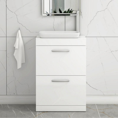 Royal Bathrooms Turin 600mm Freestanding Bathroom Vanity Unit With Sink 2 Drawer Gloss White & Qubix Countertop Basin - image 1