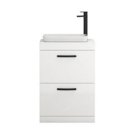 Royal Bathrooms Turin 600mm Freestanding Bathroom Vanity Unit With Sink 2 Drawer Gloss White & Qubix Countertop Basin - thumbnail 5