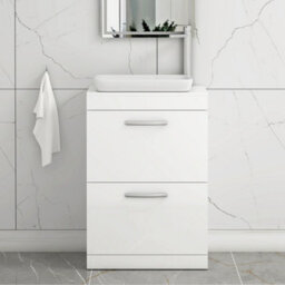 Royal Bathrooms Turin 600mm Freestanding Bathroom Vanity Unit With Sink 2 Drawer Gloss White & Qubix Countertop Basin - thumbnail 1