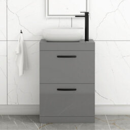 Royal Bathrooms 600mm Floor Standing Vanity Unit 2 Drawer Indigo Grey Gloss & Countertop Basin - Elva With Matt Black Handle - thumbnail 1