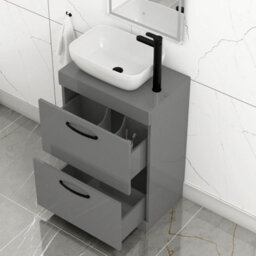 Royal Bathrooms 600mm Floor Standing Vanity Unit 2 Drawer Indigo Grey Gloss & Countertop Basin - Elva With Matt Black Handle - thumbnail 3