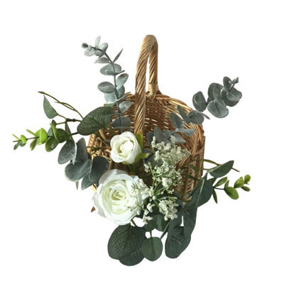 Deenz Decorative White Roses Artificial Floral Charming Wicker Basket Natural Detailed Faux Foliage Beautiful Home Flowers 23.5 Cm