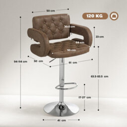 Homcom Adjustable Height Barstool Steel Pole Pu Leather, Coffee - thumbnail 3