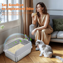 Bingopaw 60X40X27.7Cm Stainless Steel Litter Box With High Sided Lid Large For Big Cats With Scoop - thumbnail 7