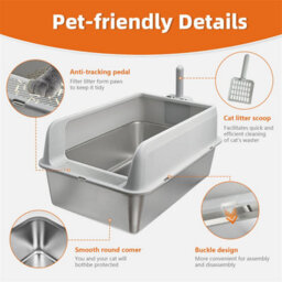 Bingopaw 60X40X27.7Cm Stainless Steel Litter Box With High Sided Lid Large For Big Cats With Scoop - thumbnail 4