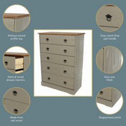 Core Products Corona Classic 5 Drawer Chest Of Drawers - Grey And Antique Wax Solid Wood Storage 104 X 75 X 36Cm - thumbnail 7