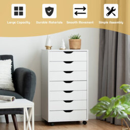 Gainoom 7-Drawer White Storage Cabinet Mobile File Organizer Wooden Vertical Filing Dresser Chest On Lockable Wheels - thumbnail 9