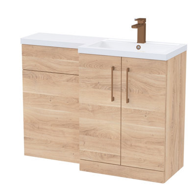 Balterley Right-Hand Bathroom Vanity And Wc Unit Combination With Basin - 1100mm - Woodgrain Light Oak With Brushed Bronze Handles - image 1