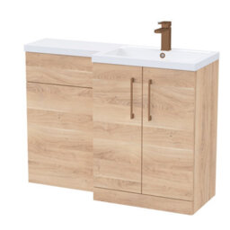 Balterley Right-Hand Bathroom Vanity And Wc Unit Combination With Basin - 1100mm - Woodgrain Light Oak With Brushed Bronze Handles
