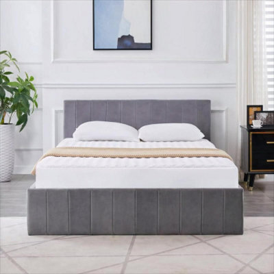 Not Available Ottoman Bed Gas Lift Storage Grey 3Ft Single With 1 Mattress Line Pattern Velvet Bedroom - image 1