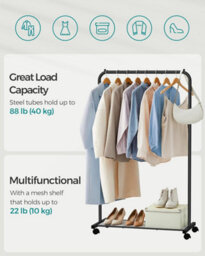 Songmics Clothes Rail On Wheels, Clothes Rack, Metal Clothing Rail For Bedroom, Hanging Rail, With Storage Shelf, Black - thumbnail 3