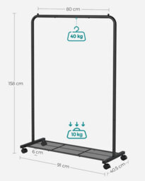 Songmics Clothes Rail On Wheels, Clothes Rack, Metal Clothing Rail For Bedroom, Hanging Rail, With Storage Shelf, Black - thumbnail 2