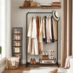 Songmics Clothes Rail On Wheels, Clothes Rack, Metal Clothing Rail For Bedroom, Hanging Rail, With Storage Shelf, Black