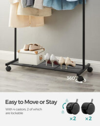 Songmics Clothes Rail On Wheels, Clothes Rack, Metal Clothing Rail For Bedroom, Hanging Rail, With Storage Shelf, Black - thumbnail 6