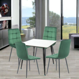 Urbn-Living Urbnliving 5Pcs Gloss White Modern Ceramic Top Dining Table & Green Velvet Chairs With Metal Legs