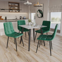 Urbn-Living Urbnliving 5Pcs Gloss White Modern Ceramic Top Dining Table & Green Velvet Chairs With Metal Legs - thumbnail 4