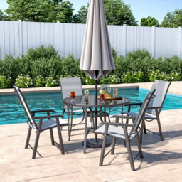 Living And Home 4 Seater Round Ripple Glass Garden Umbrella Table And Folding Chairs Set 105 Cm - thumbnail 2