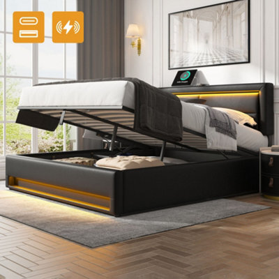 Matteo Black Faux Leather Double 4Ft6 Ottoman Storage Bed Frame With Led Lights & Usb Ports - image 1