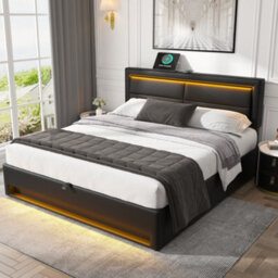 Matteo Black Faux Leather Double 4Ft6 Ottoman Storage Bed Frame With Led Lights & Usb Ports - thumbnail 2