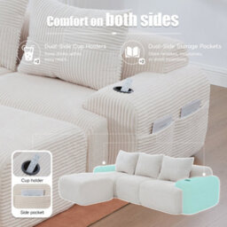Btm 3 Seater Modular Corduroy Sofa With Ottomans, Configurable Sofa, Cup Holders And Side Storage Pockets, Beige - thumbnail 7